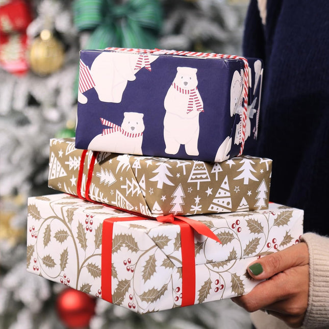 Christmas Polar Bears Precut Wrapping Sheets Set Flat Bulk Gift Wrap Paper with 2 Stickers, Pack of 12 (Copy)