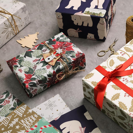 Christmas Polar Bears Precut Wrapping Sheets Set Flat Bulk Gift Wrap Paper with 2 Stickers, Pack of 12 (Copy)