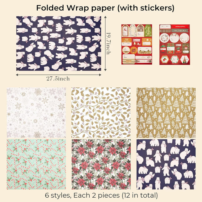 Christmas Polar Bears Precut Wrapping Sheets Set Flat Bulk Gift Wrap Paper with 2 Stickers, Pack of 12 (Copy)