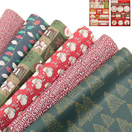 Christmas Precut Wrapping Sheet Sets Flat Bulk Gift Wrap Paper with 2 Sticker, Pack of 12