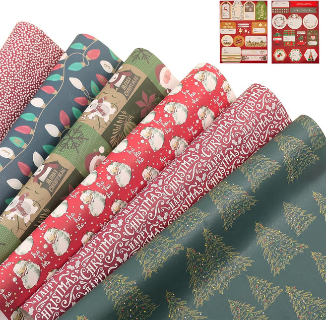 Christmas Precut Wrapping Sheet Sets Flat Bulk Gift Wrap Paper with 2 Sticker, Pack of 12