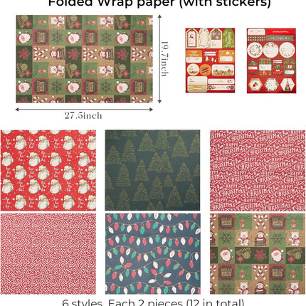 Christmas Precut Wrapping Sheet Sets Flat Bulk Gift Wrap Paper with 2 Sticker, Pack of 12