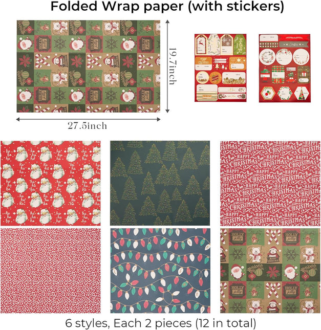 Christmas Precut Wrapping Sheet Sets Flat Bulk Gift Wrap Paper with 2 Sticker, Pack of 12