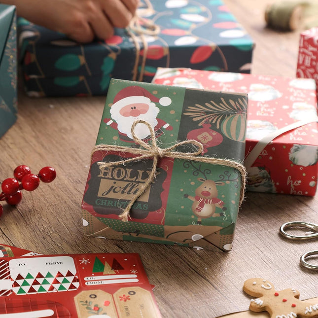 Christmas Precut Wrapping Sheet Sets Flat Bulk Gift Wrap Paper with 2 Sticker, Pack of 12