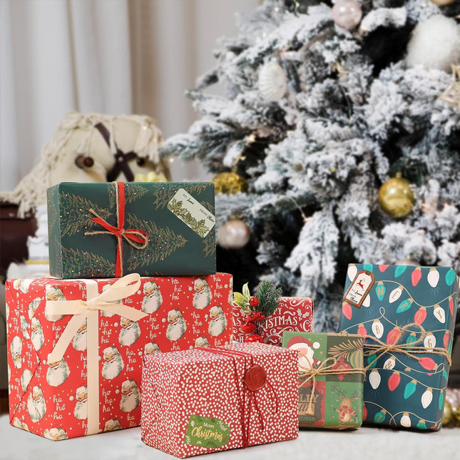 Christmas Precut Wrapping Sheet Sets Flat Bulk Gift Wrap Paper with 2 Sticker, Pack of 12