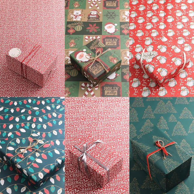 Christmas Precut Wrapping Sheet Sets Flat Bulk Gift Wrap Paper with 2 Sticker, Pack of 12
