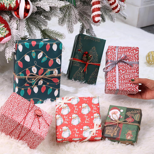Christmas Precut Wrapping Sheet Sets Flat Bulk Gift Wrap Paper with 2 Sticker, Pack of 12