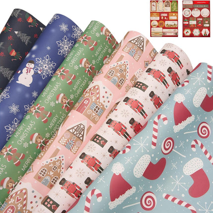 Christmas Snowman Precut Wrapping Sheets Set Flat Bulk Gift Wrap Paper with 2 Stickers, Pack of 12