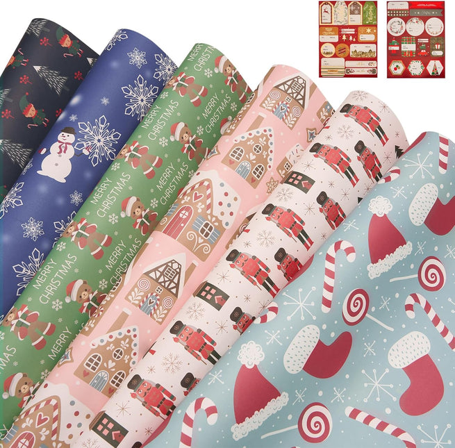 Christmas Snowman Precut Wrapping Sheets Set Flat Bulk Gift Wrap Paper with 2 Stickers, Pack of 12