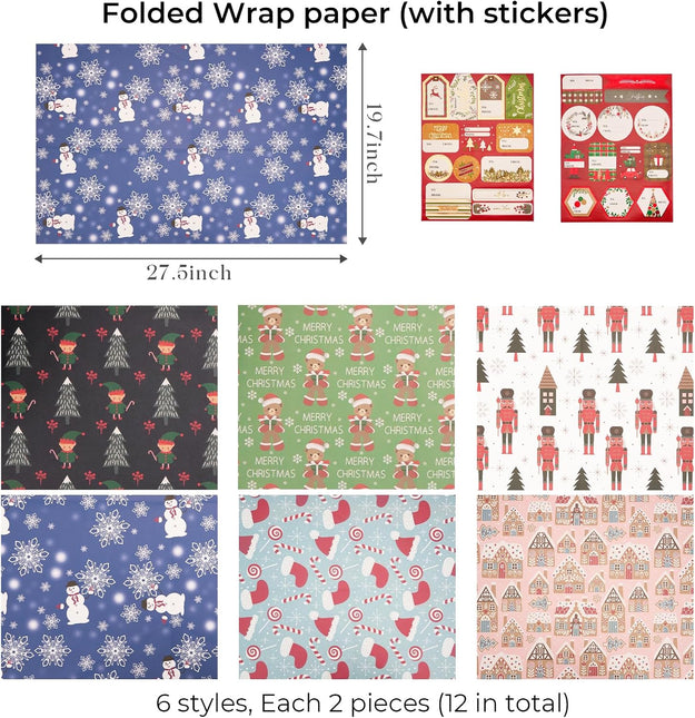Christmas Snowman Precut Wrapping Sheets Set Flat Bulk Gift Wrap Paper with 2 Stickers, Pack of 12