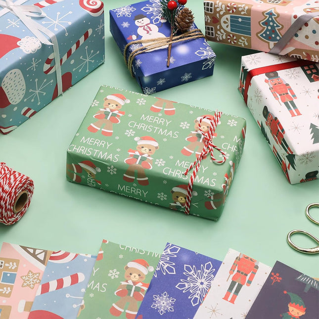 Christmas Snowman Precut Wrapping Sheets Set Flat Bulk Gift Wrap Paper with 2 Stickers, Pack of 12