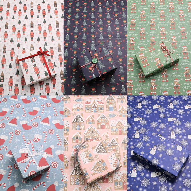 Christmas Snowman Precut Wrapping Sheets Set Flat Bulk Gift Wrap Paper with 2 Stickers, Pack of 12