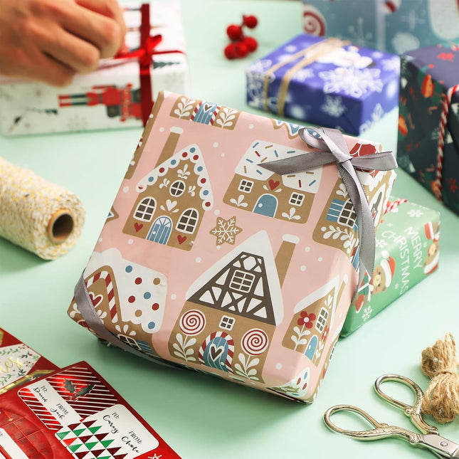 Christmas Snowman Precut Wrapping Sheets Set Flat Bulk Gift Wrap Paper with 2 Stickers, Pack of 12