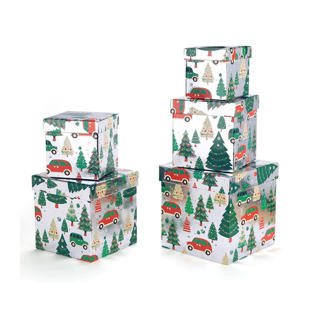 Christmas Tree Car Silver Foiled Christmas Nesting Gift Box, Set of 5