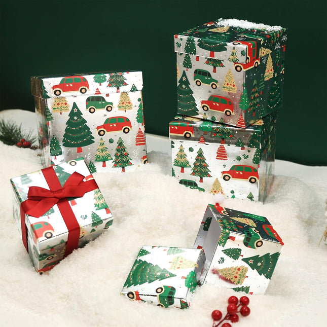 Christmas Tree Car Silver Foiled Christmas Nesting Gift Box, Set of 5