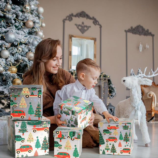 Christmas Tree Car Silver Foiled Christmas Nesting Gift Box, Set of 5