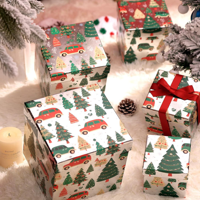 Christmas Tree Car Silver Foiled Christmas Nesting Gift Box, Set of 5