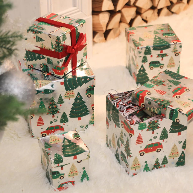 Christmas Tree Car Silver Foiled Christmas Nesting Gift Box, Set of 5