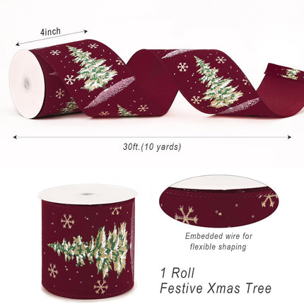 Christmas Tree Wired Ribbon Extra Wide Burlap Ribbon for Tree Skirt Staircase Decoration, 4'' x 10 Yds