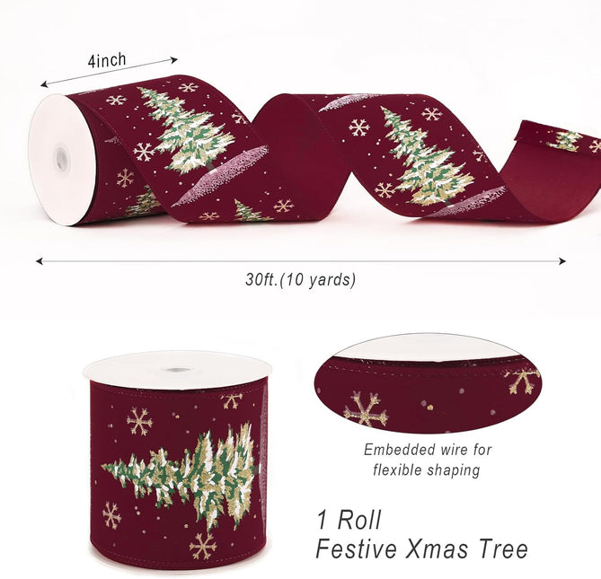 Christmas Tree Wired Ribbon Extra Wide Burlap Ribbon for Tree Skirt Staircase Decoration, 4'' x 10 Yds