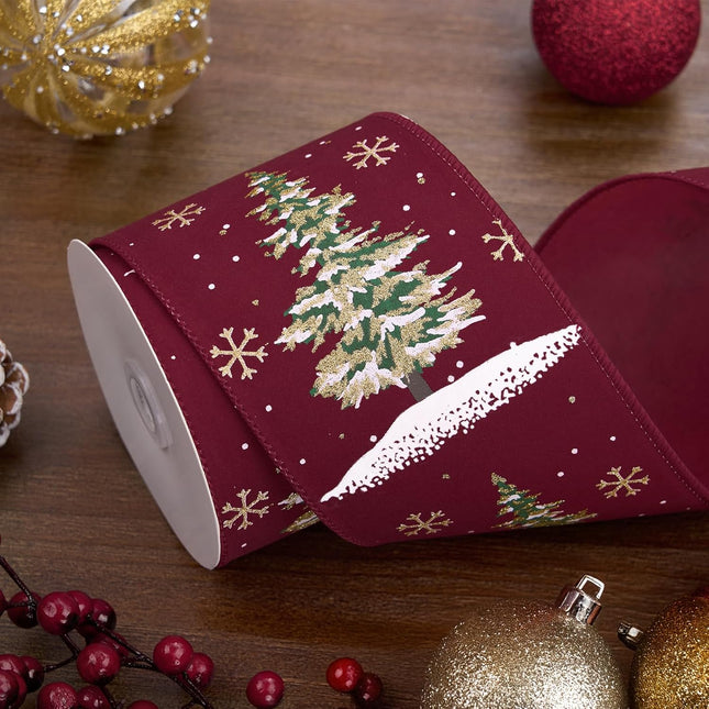 Christmas Tree Wired Ribbon Extra Wide Burlap Ribbon for Tree Skirt Staircase Decoration, 4'' x 10 Yds