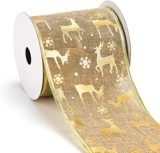 Christmas Wired Ribbon Gold Glitter Reindeer Burlap for Wreath Crafts, 4'' x 10 Yds