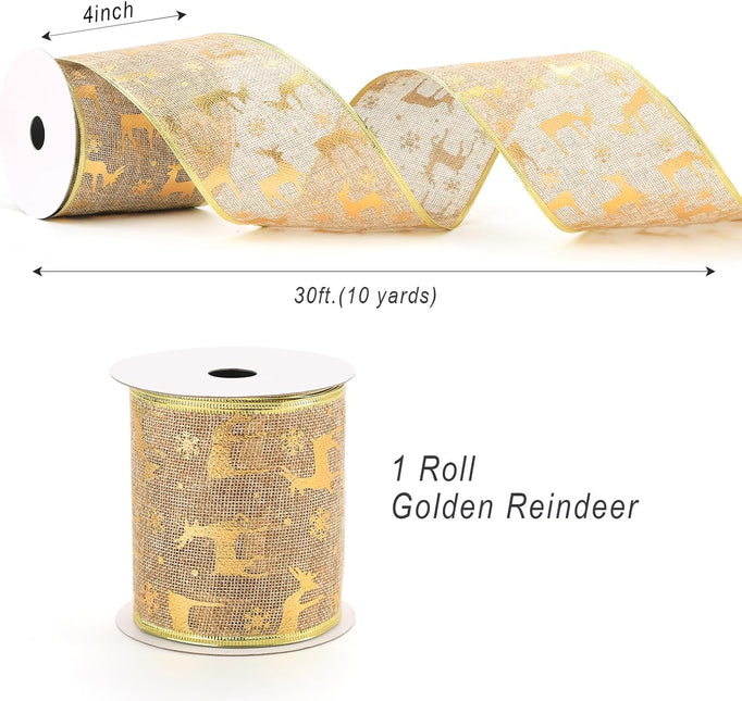 Christmas Wired Ribbon Gold Glitter Reindeer Burlap for Wreath Crafts, 4'' x 10 Yds