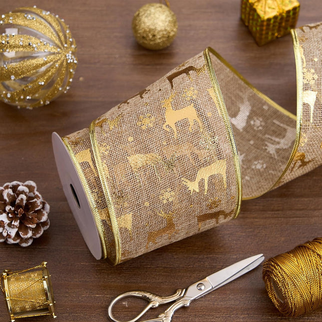 Christmas Wired Ribbon Gold Glitter Reindeer Burlap for Wreath Crafts, 4'' x 10 Yds