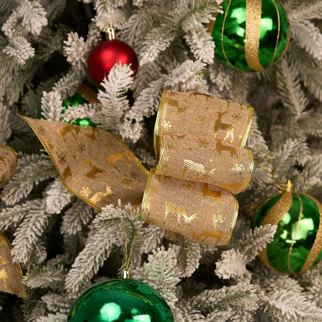 Christmas Wired Ribbon Gold Glitter Reindeer Burlap for Wreath Crafts, 4'' x 10 Yds