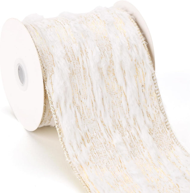 Christmas Wired Ribbon Golden Snow-Laden Burlap Ribbon for Wreath Crafts, 4'' x 6 Yds