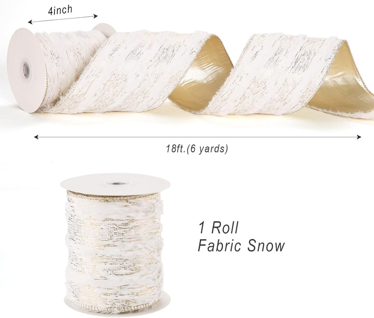 Christmas Wired Ribbon Golden Snow-Laden Burlap Ribbon for Wreath Crafts, 4'' x 6 Yds