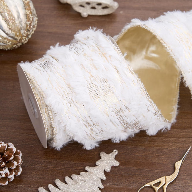 Christmas Wired Ribbon Golden Snow-Laden Burlap Ribbon for Wreath Crafts, 4'' x 6 Yds