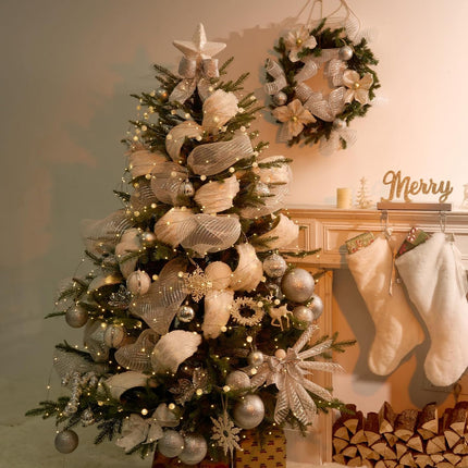 Christmas Wired Ribbon Golden Snow-Laden Burlap Ribbon for Wreath Crafts, 4'' x 6 Yds