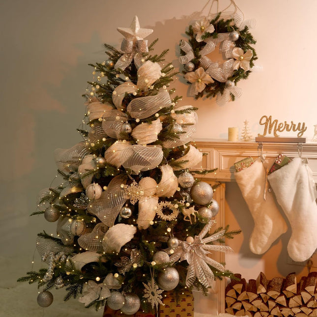 Christmas Wired Ribbon Golden Snow-Laden Burlap Ribbon for Wreath Crafts, 4'' x 6 Yds