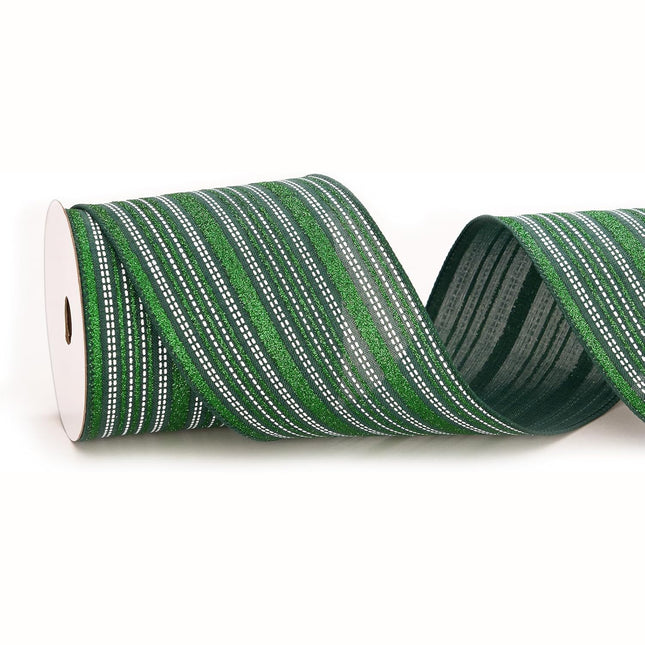 Christmas Wired Ribbon Green Glitter Stripe Burlap for Wreath Crafts, 4'' x 10 Yds