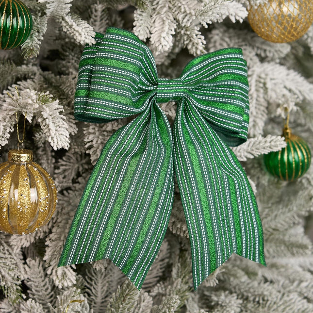 Christmas Wired Ribbon Green Glitter Stripe Burlap for Wreath Crafts, 4'' x 10 Yds