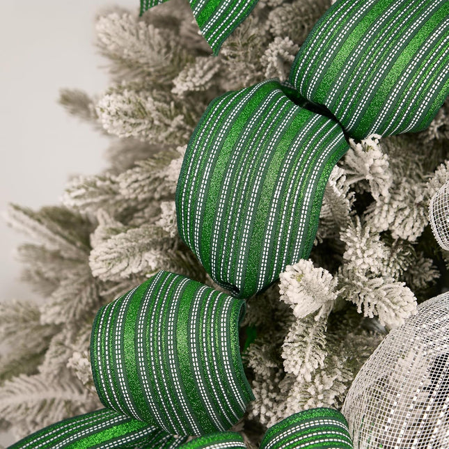 Christmas Wired Ribbon Green Glitter Stripe Burlap for Wreath Crafts, 4'' x 10 Yds