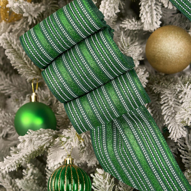 Christmas Wired Ribbon Green Glitter Stripe Burlap for Wreath Crafts, 4'' x 10 Yds