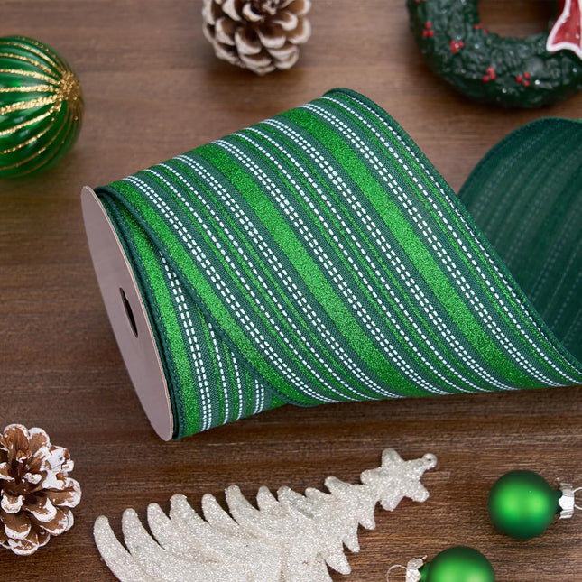 Christmas Wired Ribbon Green Glitter Stripe Burlap for Wreath Crafts, 4'' x 10 Yds