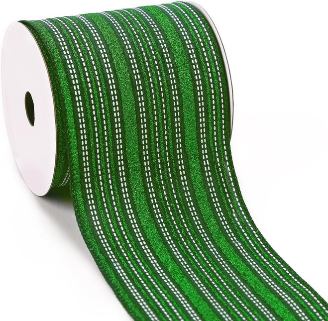 Christmas Wired Ribbon Green Glitter Stripe Burlap for Wreath Crafts, 4'' x 10 Yds