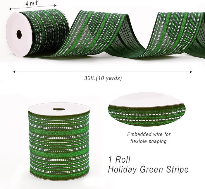 Christmas Wired Ribbon Green Glitter Stripe Burlap for Wreath Crafts, 4'' x 10 Yds