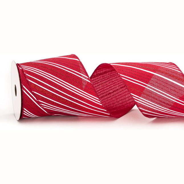 Christmas Wired Ribbon Red Glitter Stripe Burlap for Wreath Crafts, 4'' x 10 Yds