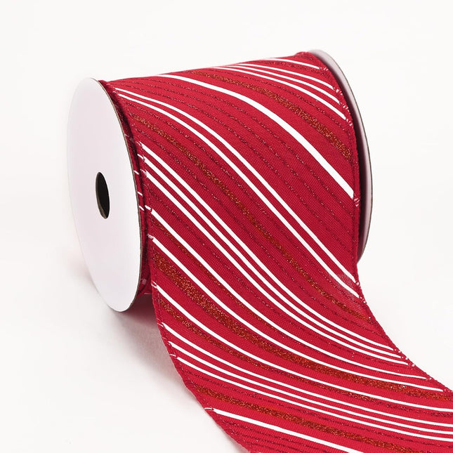Christmas Wired Ribbon Red Glitter Stripe Burlap for Wreath Crafts, 4'' x 10 Yds