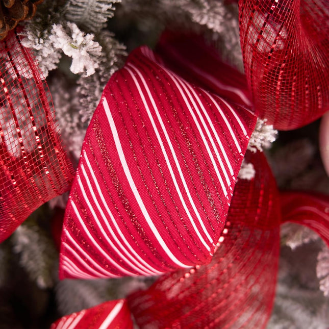 Christmas Wired Ribbon Red Glitter Stripe Burlap for Wreath Crafts, 4'' x 10 Yds