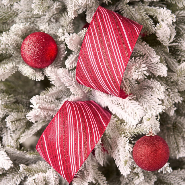Christmas Wired Ribbon Red Glitter Stripe Burlap for Wreath Crafts, 4'' x 10 Yds
