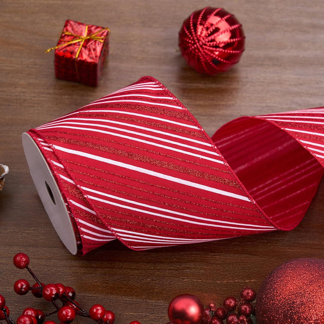 Christmas Wired Ribbon Red Glitter Stripe Burlap for Wreath Crafts, 4'' x 10 Yds