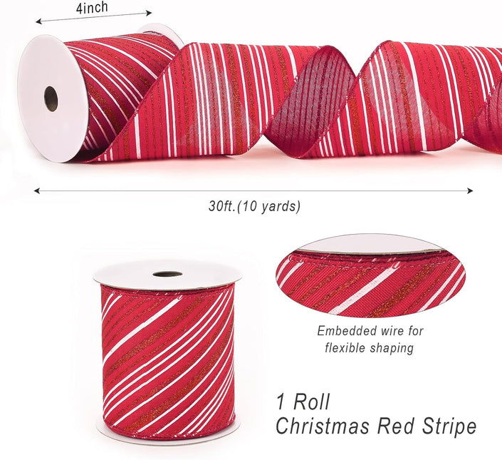 Christmas Wired Ribbon Red Glitter Stripe Burlap for Wreath Crafts, 4'' x 10 Yds
