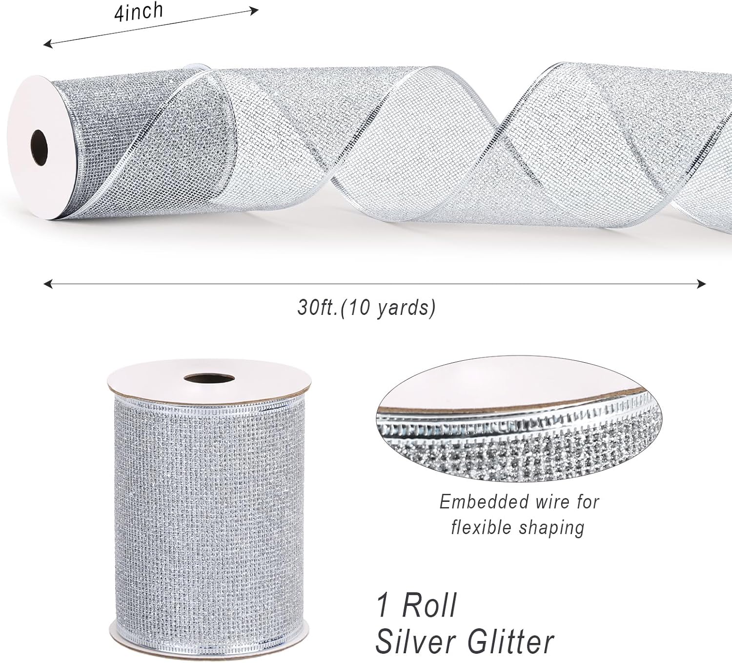 Christmas Wired Ribbon Silver Glitter Burlap for Topper Bow Posh Paper