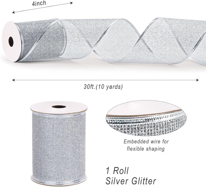 Christmas Wired Ribbon Silver Glitter Burlap Ribbon for Topper Bow, 4'' x 10 Yds