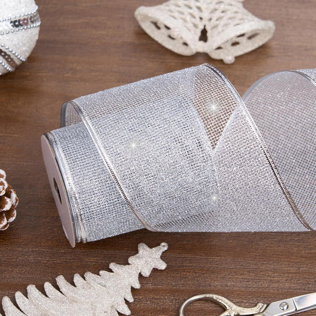 Christmas Wired Ribbon Silver Glitter Burlap Ribbon for Topper Bow, 4'' x 10 Yds